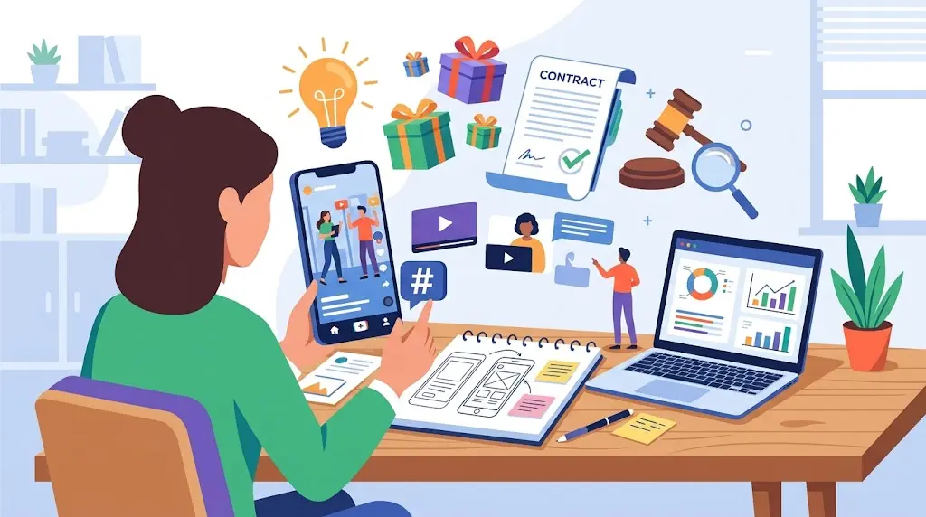 TikTokキャンペーンの企画と規約確認を進める販促担当者のイメージ