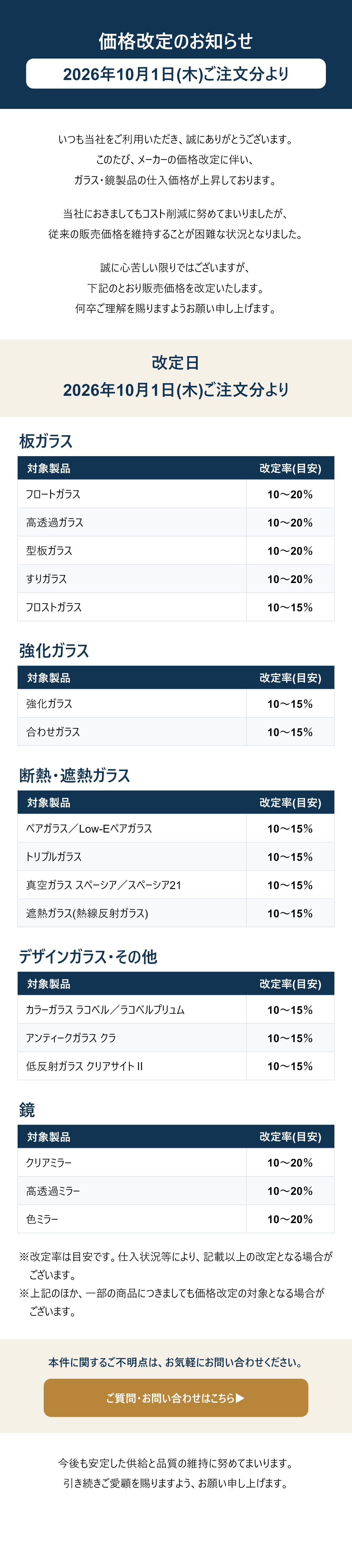 価格改定のお知らせ。2026年10月1日（木）ご注文分より、ガラス・鏡製品の販売価格を改定します。板ガラス・鏡は10〜20％、機能ガラス・デザインガラス等は10〜15％（改定率の目安）。ご質問・お問い合わせはこちら。
